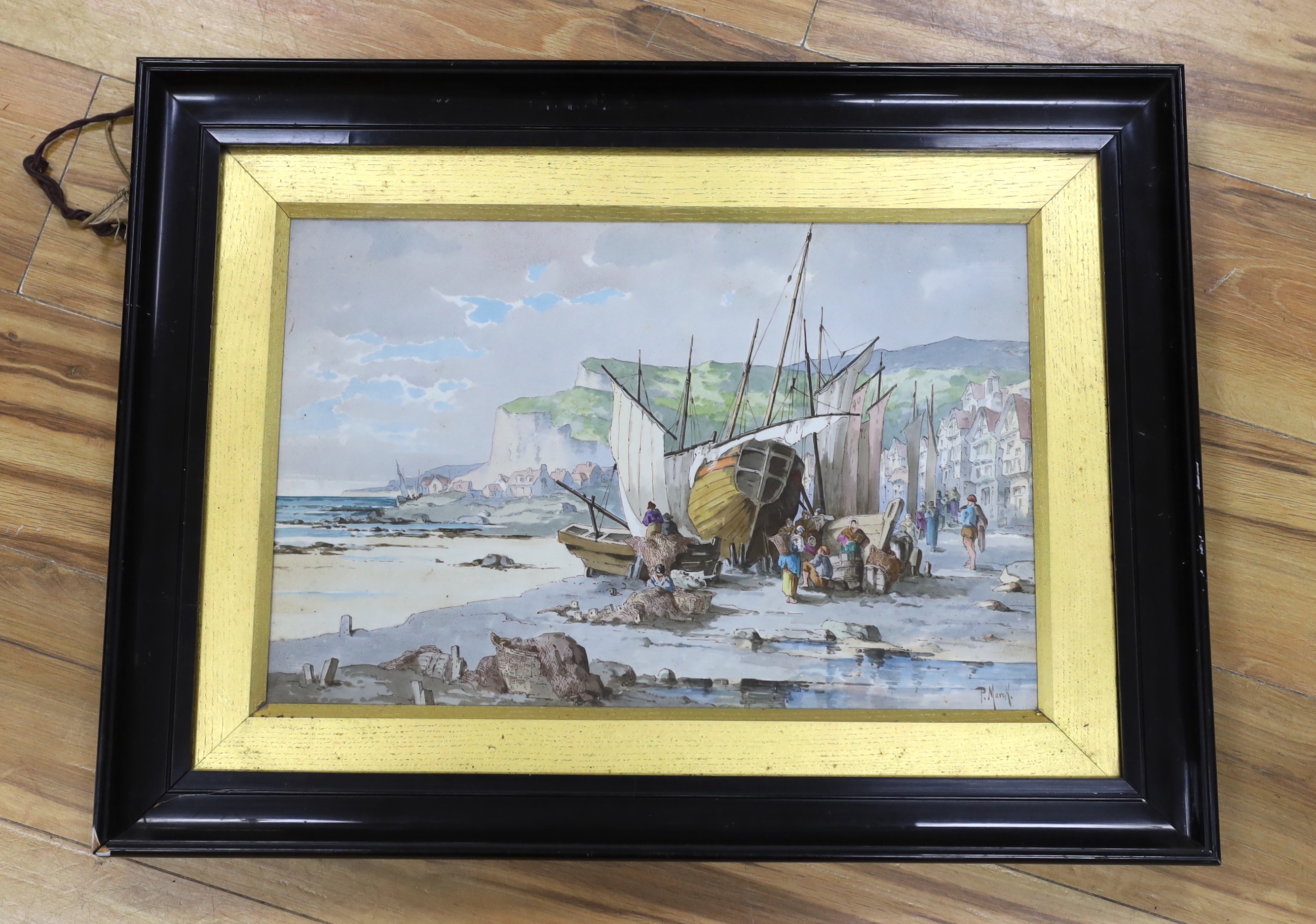P. Marck, ink and watercolour, Harbour scene with beached fishing boats, signed, 30 x 48cm